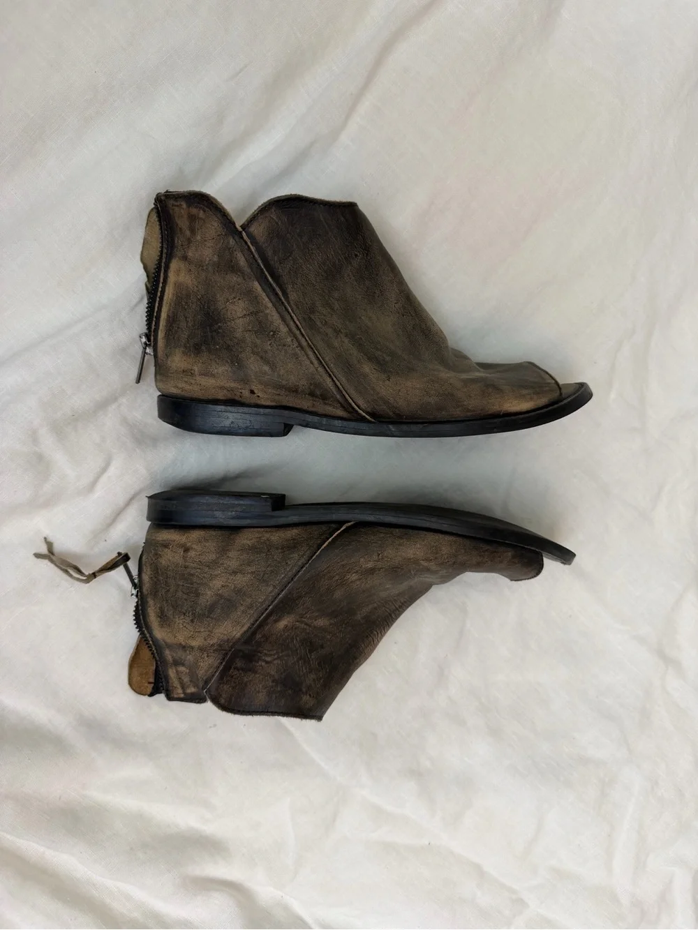 Free People Open-Toe Leather Boot in Distressed Black/ brown Leather